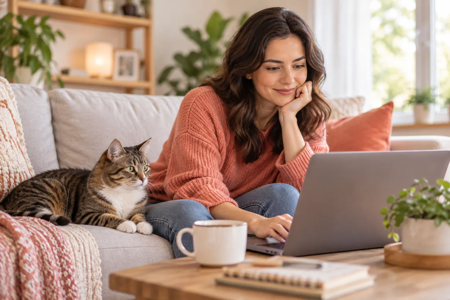 Tabby cat beside its owner using a laptop on a sofa