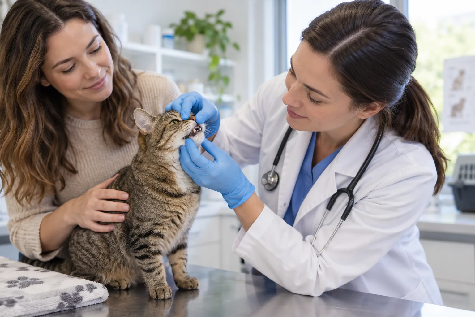 Veterinarian examining a cat while its owner provides support